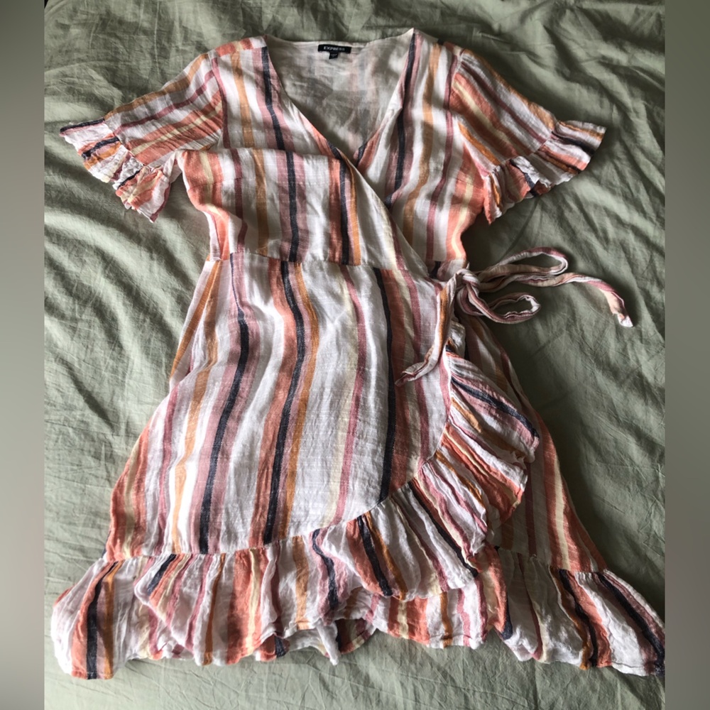 Express Striped Wrap Mini Dress Ruffle Sleeve Hem Pink Orange Lined